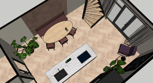 Een 3D-visualisatie van een interieur vormgegeven in SketchUp Pro
